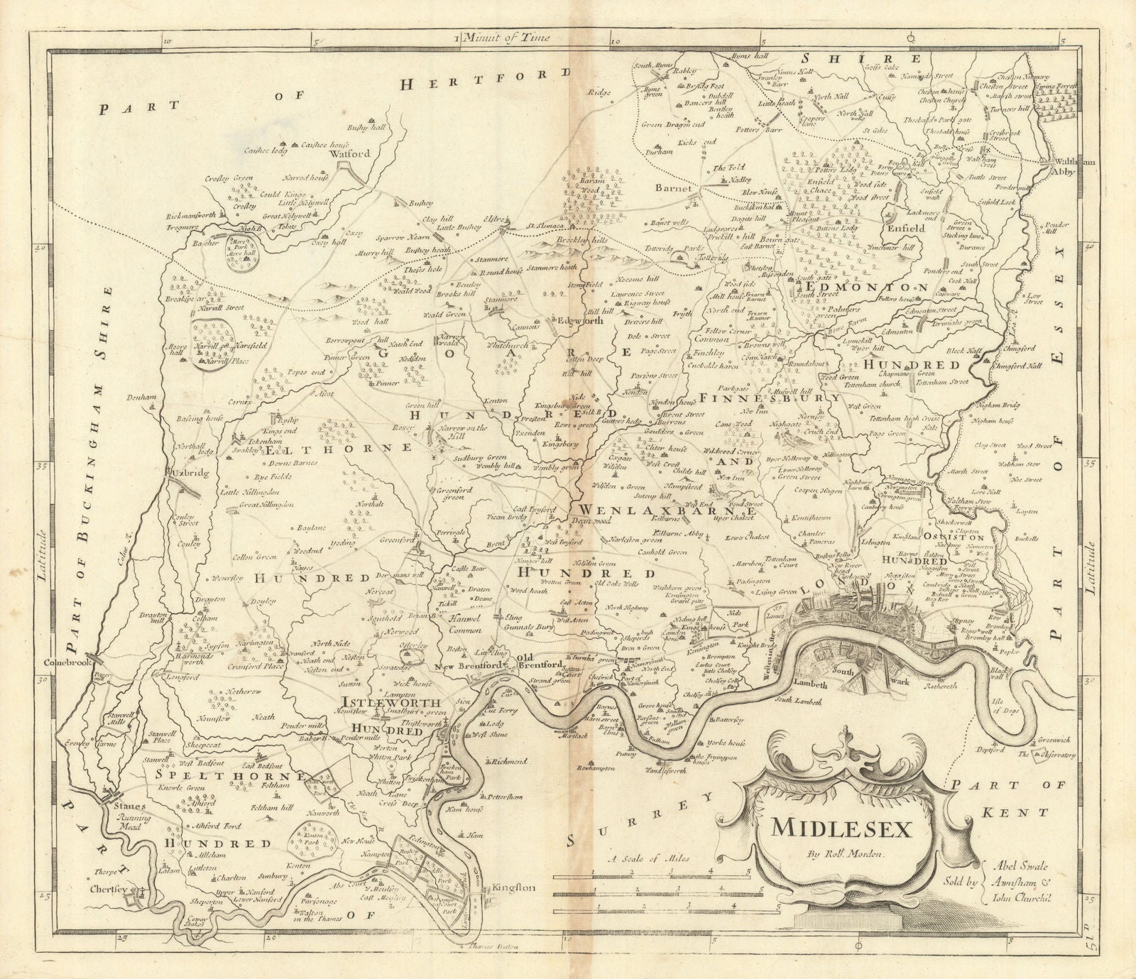 Middlesex. 'MIDLESEX' by ROBERT MORDEN.Present-day North & West London 1695 map